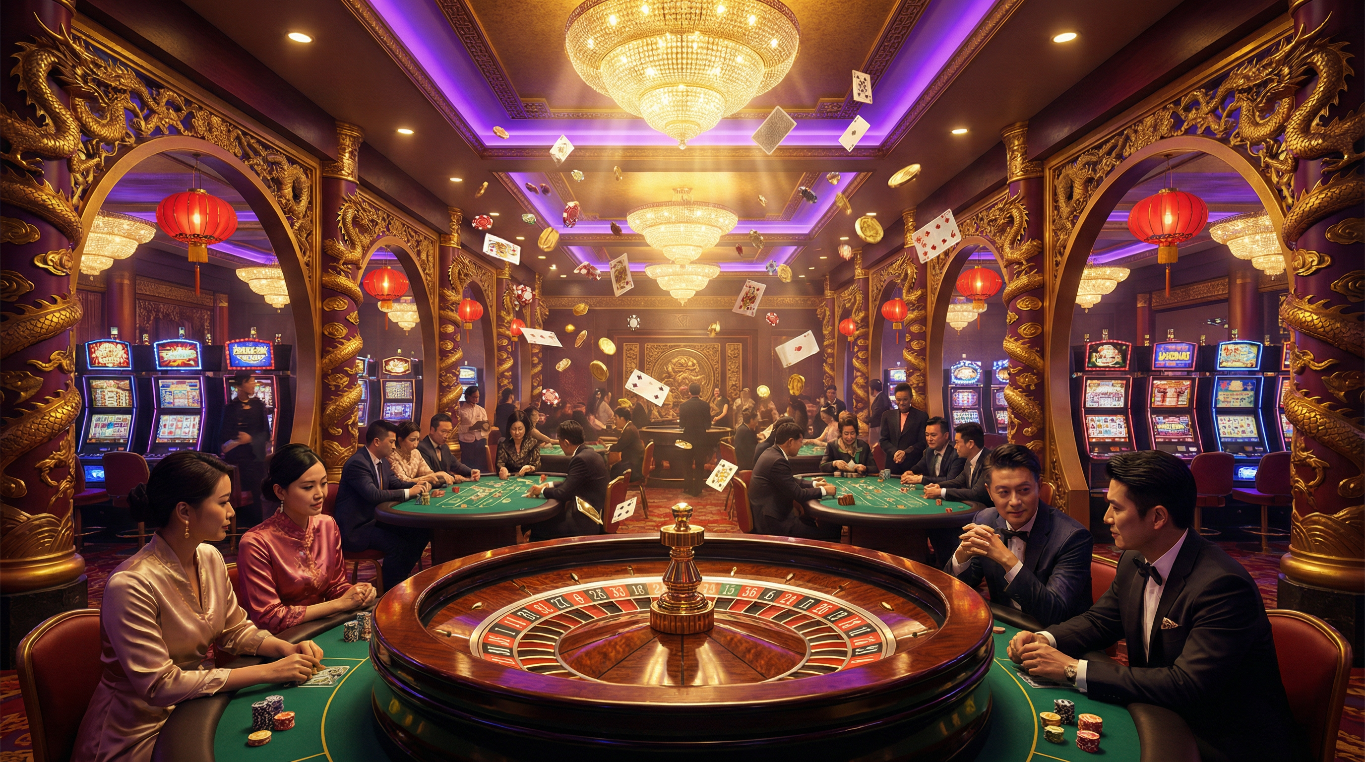 东升国际豪华博彩大厅展示,包含轮盘、扑克桌和老虎机